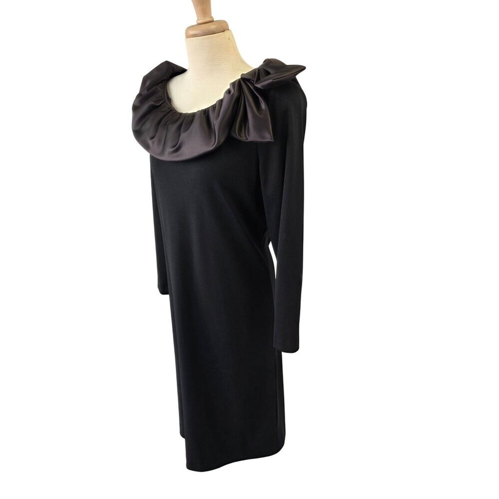 Umba Pauline Feinstien 80s Black Ruffle Neck Dress Sz M L Poly Knit Stretch